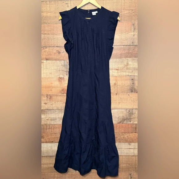 GAP Navy Maxi Dress Women’s size 4Tall Tiered Embroidered Flutter Sleeve - Picture 3 of 13